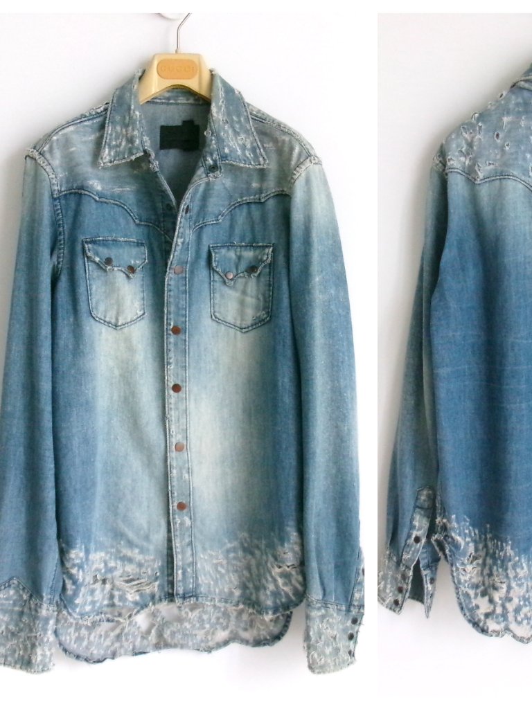 Diesel Black Gold Men's Denim Shirt With Rips Sanp Shirt Sz-L